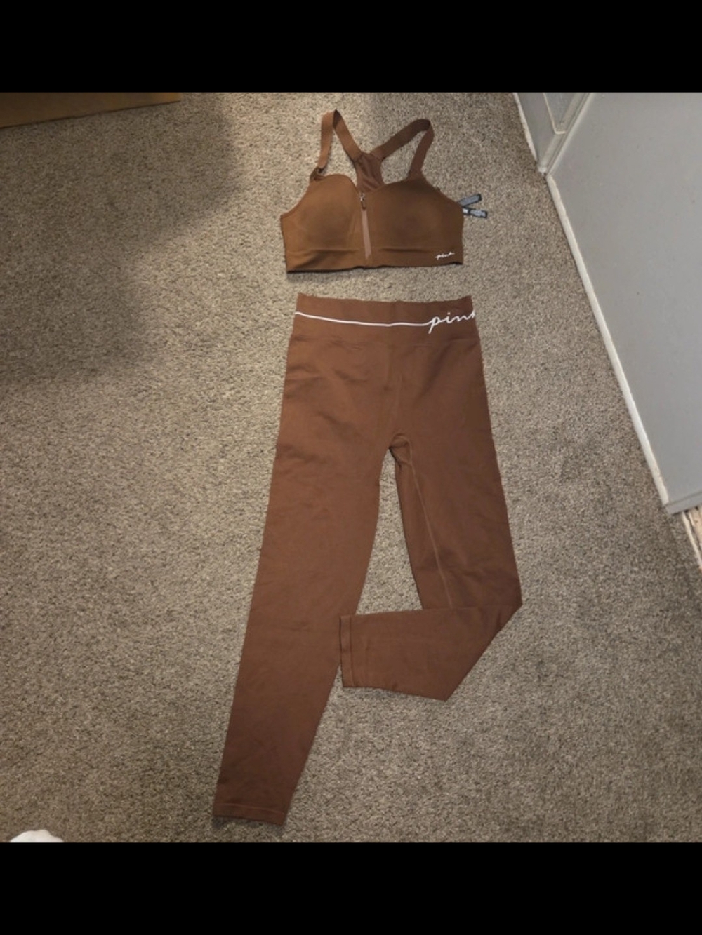PINK Victoria's Secret Brown Zip Front Sports Bra & Leggings Set